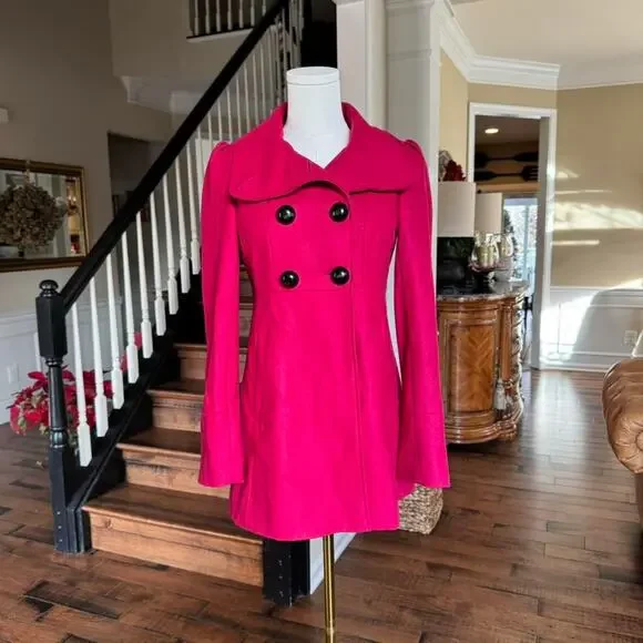 guess hot pink wool blend double breasted coat bow back y2k - Picture 2 of 6